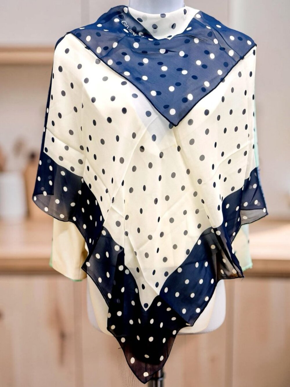 Vintage  GIVENCHY Silk  Scarf 31"x 31"  Ivery Blue Gray Dots (31)